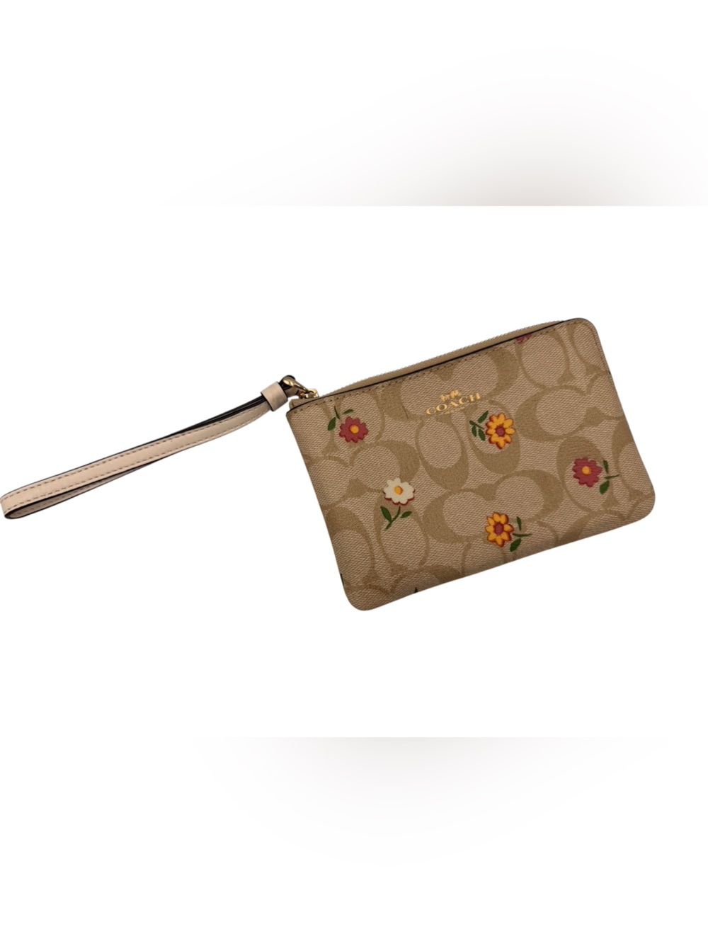Coach Ditsy Floral Signature Corner Zip Wristlet Khaki Chalk Daisy Print Wallet